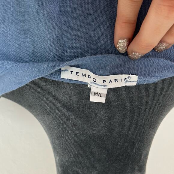 Tempo Paris- M/L - 100% Linen- medium blue- blouse- 3/4 sleeve- flowy minimalist - Picture 5 of 7